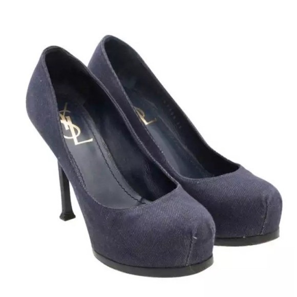 Saint Laurent Denim Platform Pumps Women Size 7 It37 High Heel Blue Leather Trim